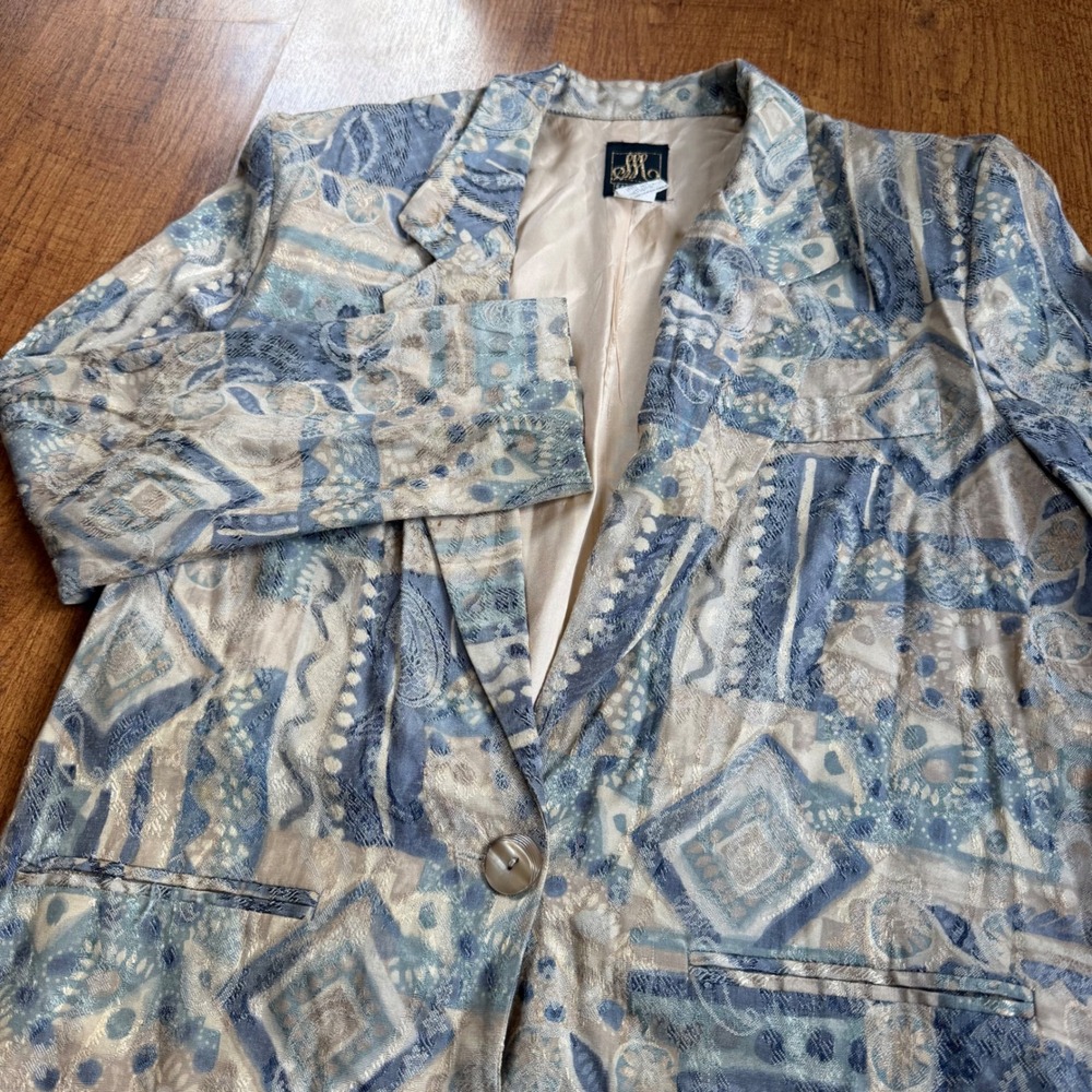 San Moire | Vintage 90s Tapestry Blazer Geometric Blue Tan Size 8 Artwear Boho